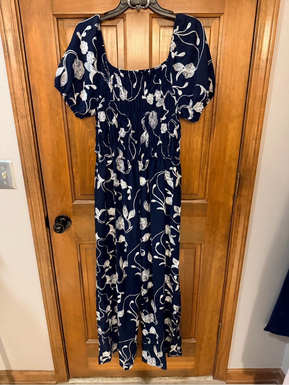 Navy Blue Floral Jumpsuit with Puff Sleeves